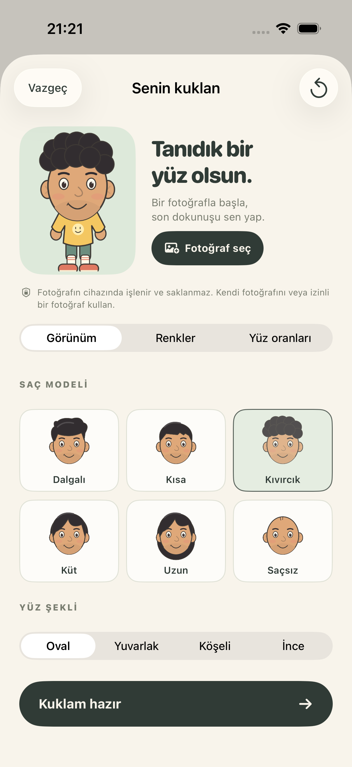 KickToss karakter düzenleme ekranında görünüş ve saç modeli seçenekleri